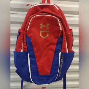 Under Armour Red and Blue Backpack with Gold Accents
